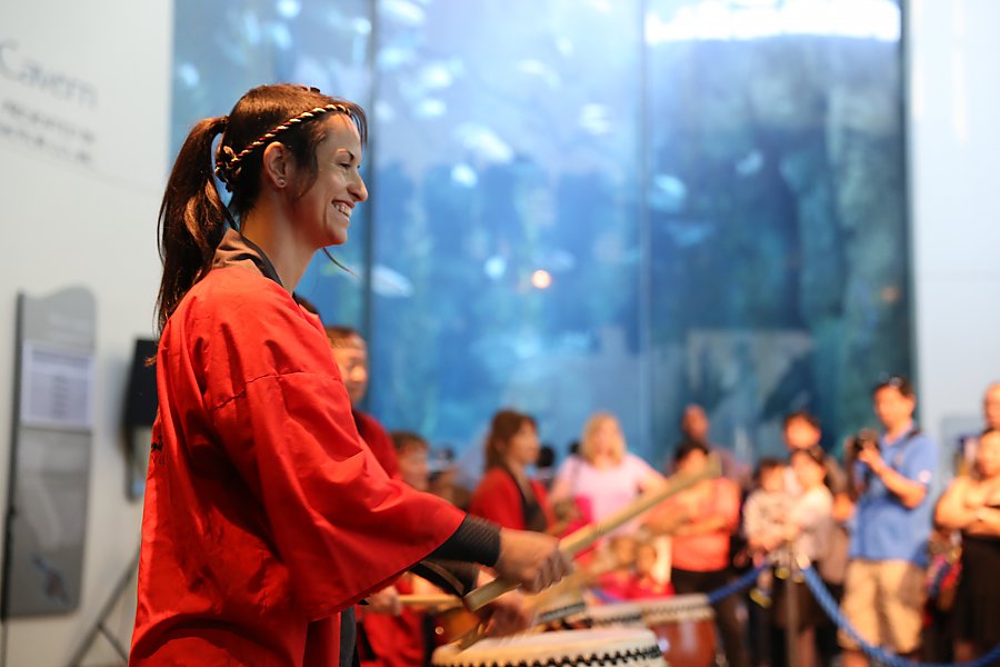 Autumn Festival drummers in front of Blue Cavern